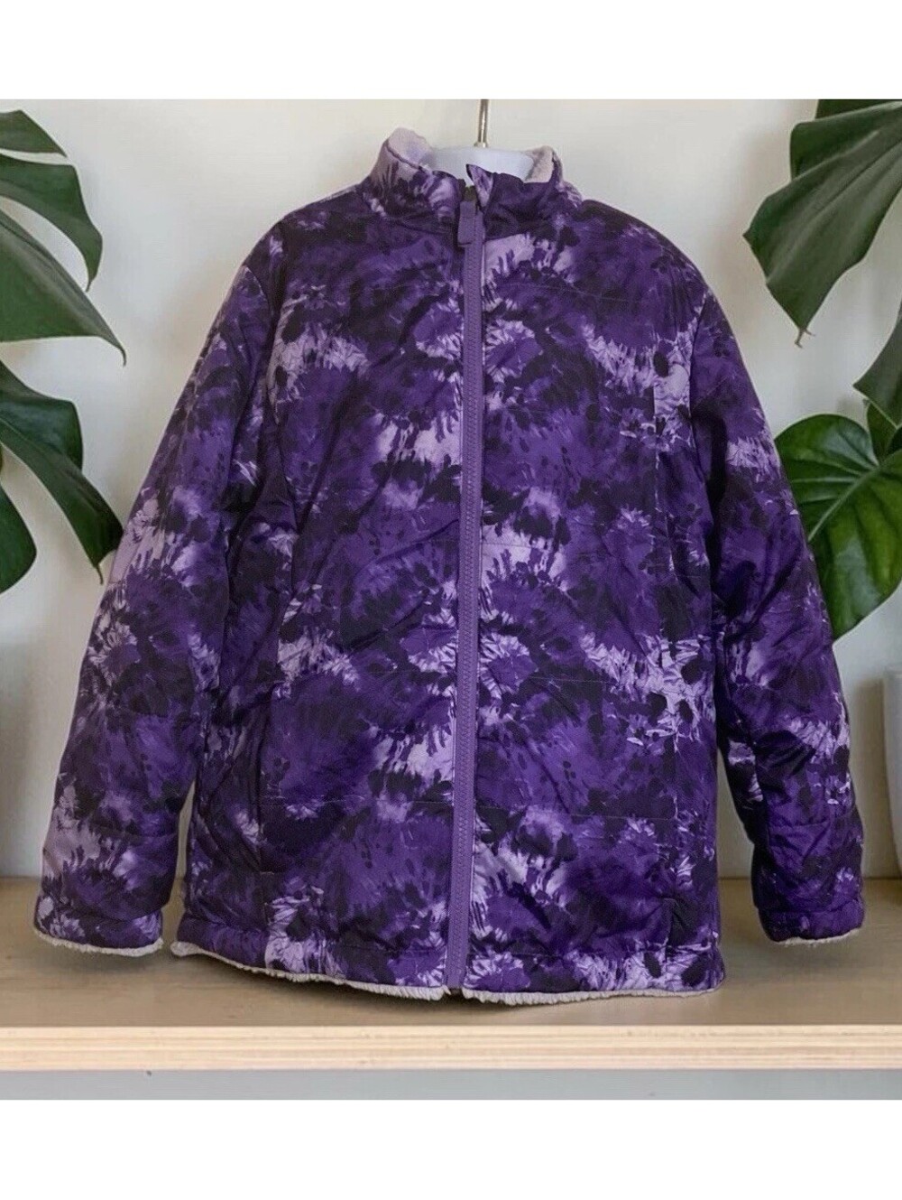 Girls Purple Long Sleeve Zip Front Polyester Puffer Jacket Sz L